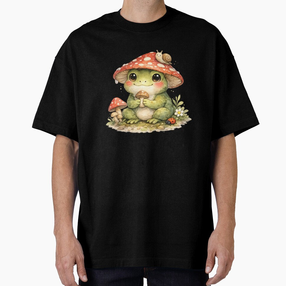Cute Frog with Mushroom Hat – Cottagecore Watercolor Frog Illustration by Nusha Creations
