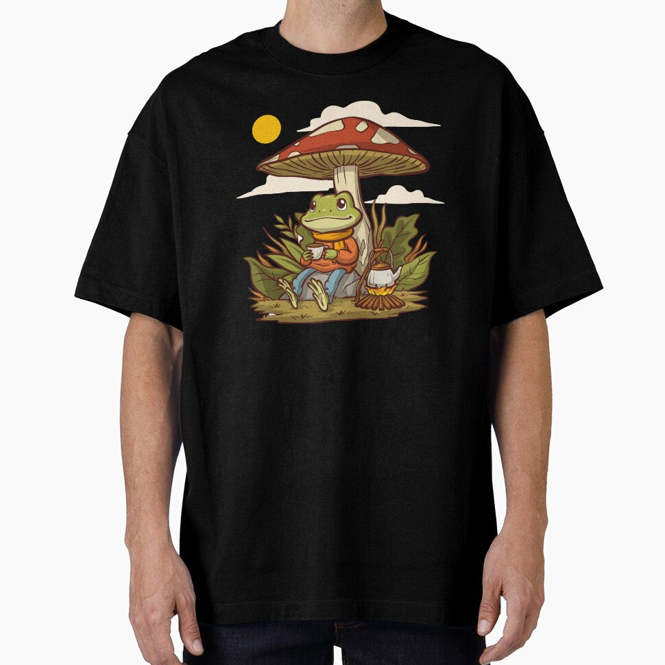 Cozy Frog Drinking Tea Under Mushroom Cottagecore Campfire Wholesome Art by DERA RAY