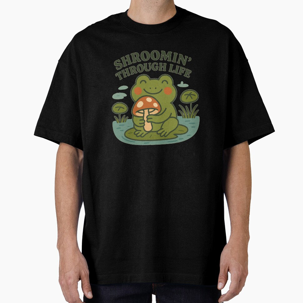 Cute Frog Holding Mushroom – Shroomin’ Through Life Cottagecore Aesthetic Design by Florarts