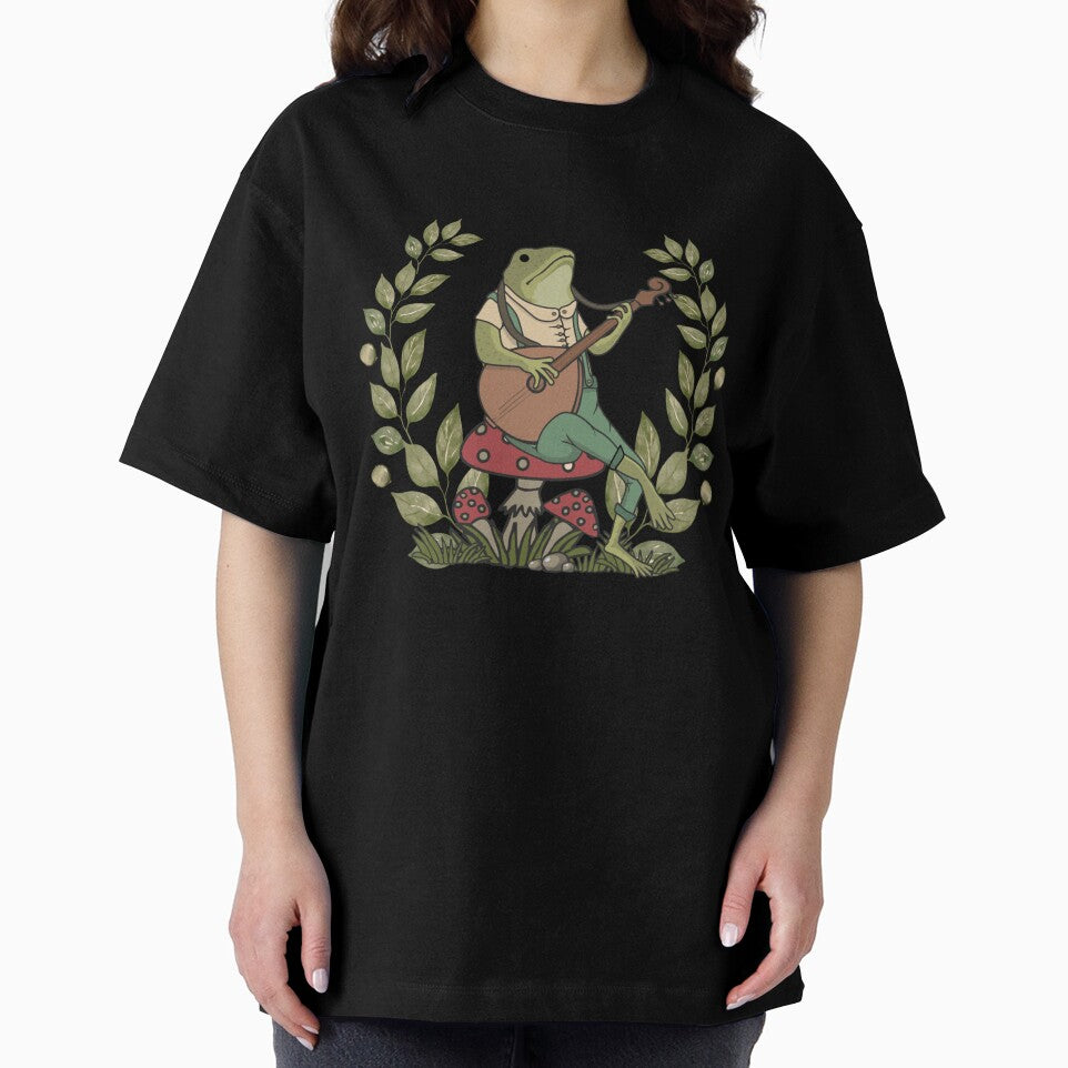 Cute frog cottagecore aesthetic. Frog playing a banjo sitting on a mushroom by HopItStudio