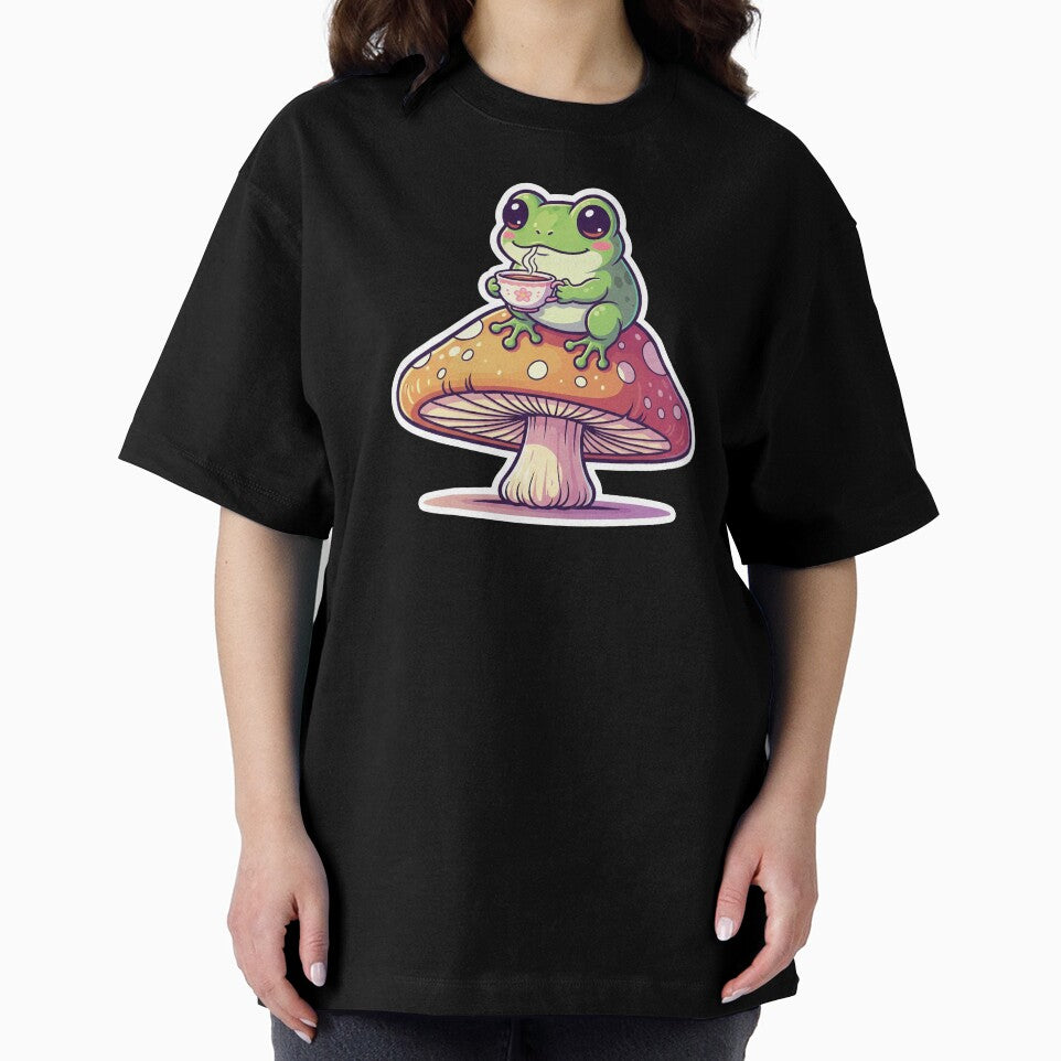 Cute Froggie Sipping Tea on Mushroom Sticker by RACreationz