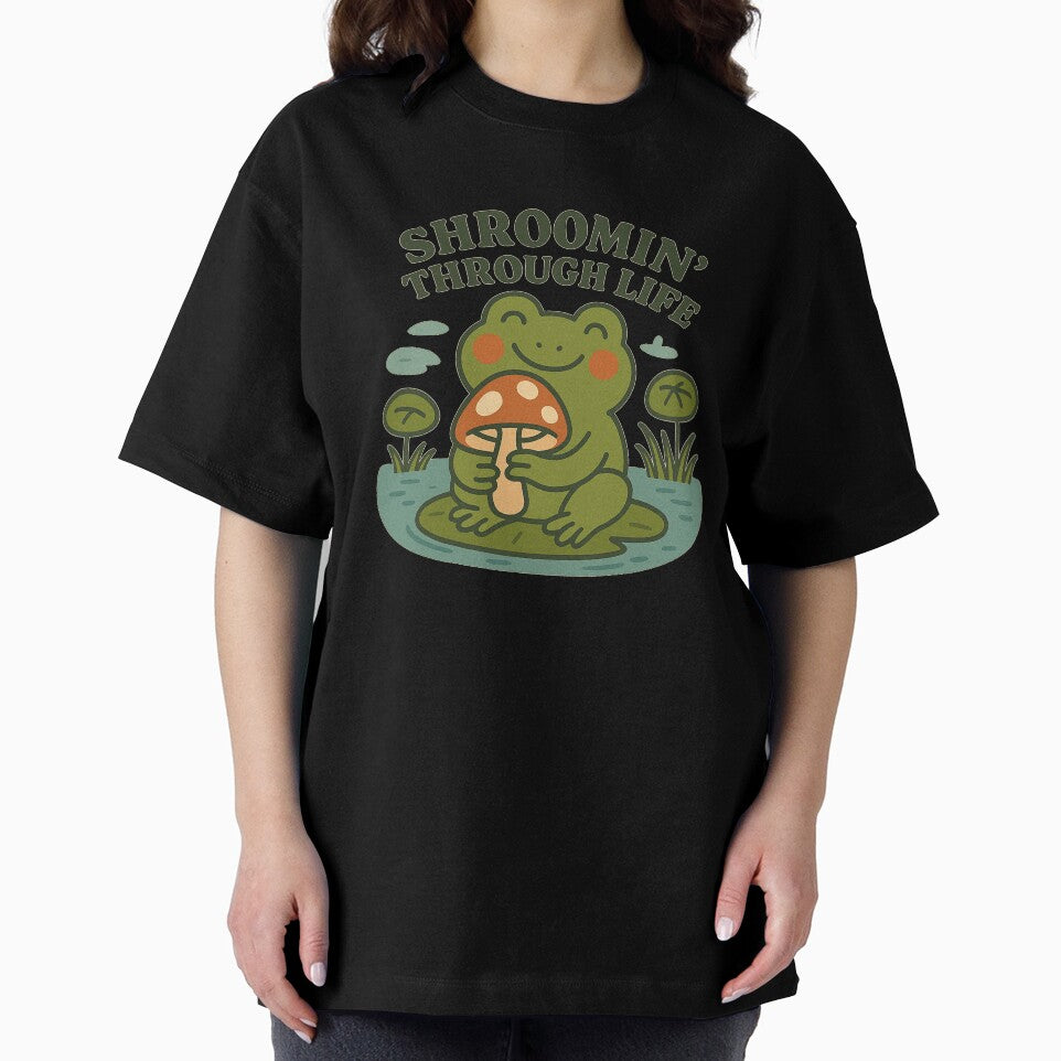 Cute Frog Holding Mushroom – Shroomin’ Through Life Cottagecore Aesthetic Design by Florarts