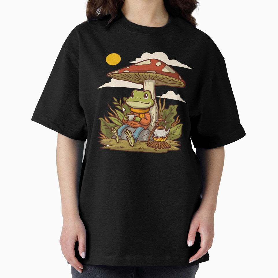 Cozy Frog Drinking Tea Under Mushroom Cottagecore Campfire Wholesome Art by DERA RAY