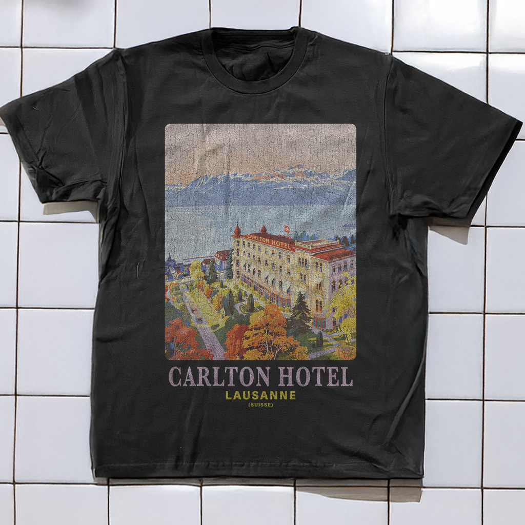 90s LAUSANNE 'CARLTON HOTEL' RARE WASHED BLACK T-SHIRT
