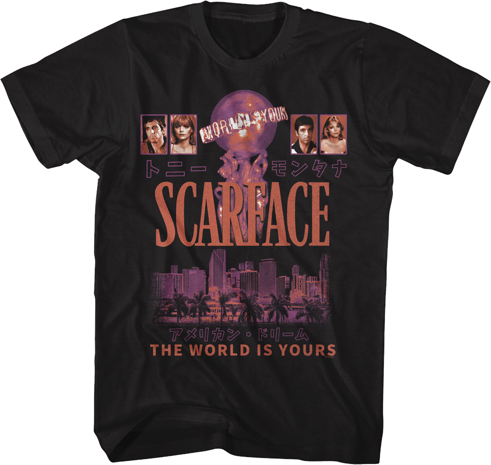 Tony Montana & Elvira Hancock The World Is Yours Scarface T-Shirt Hoodie, Sweatshirt | CiraTrend.com (Image 1)