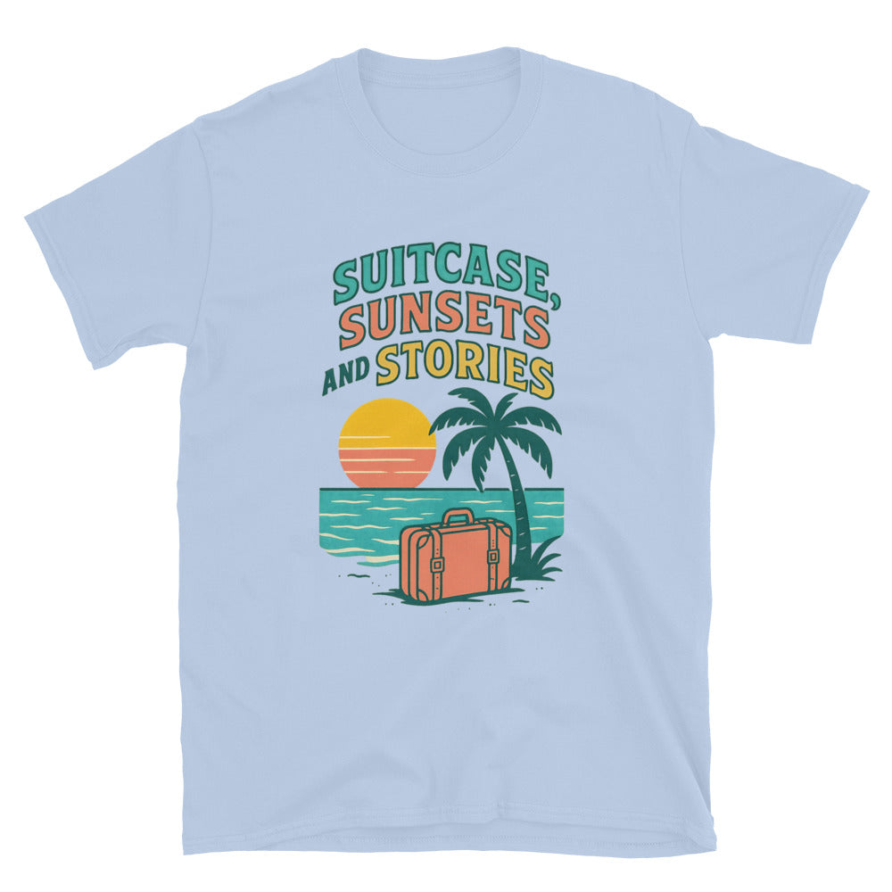 Suitcase, Sunsets, And Stories T-Shirt Hoodie, Sweatshirt | CiraTrend.com (Image 1)