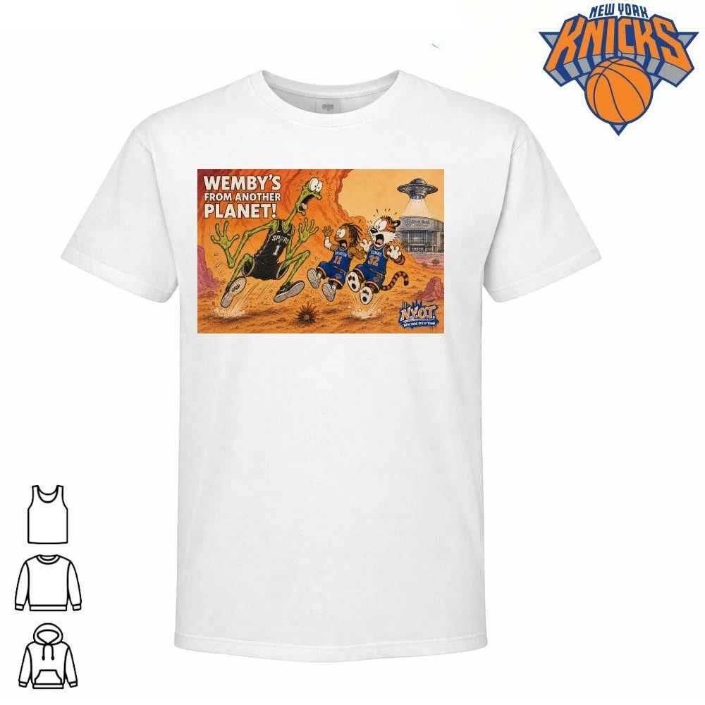 Wembys From Another Planet Victor Wembanyama Jalen Brunson Karl Anthony Towns New York Knicks San Antonio Spurs Cartoon Graphic Shirt