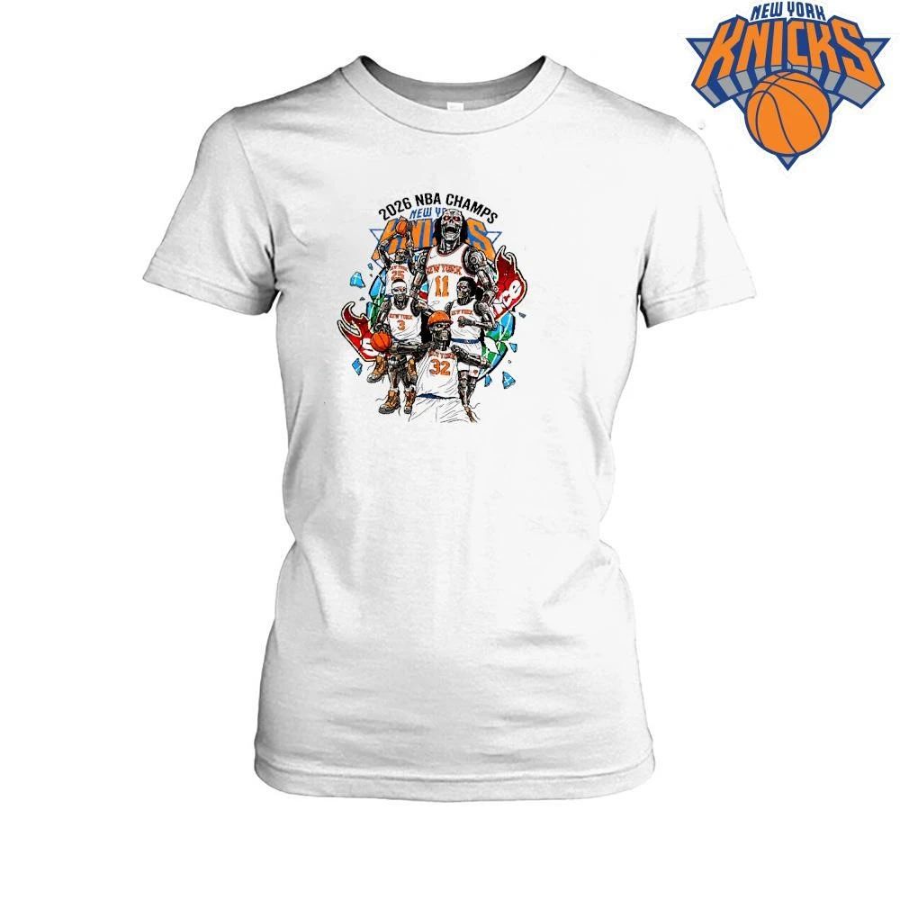 New York Knicks Champions NBA 2026 Cyborg Robots Terminator Metallic White Shirt