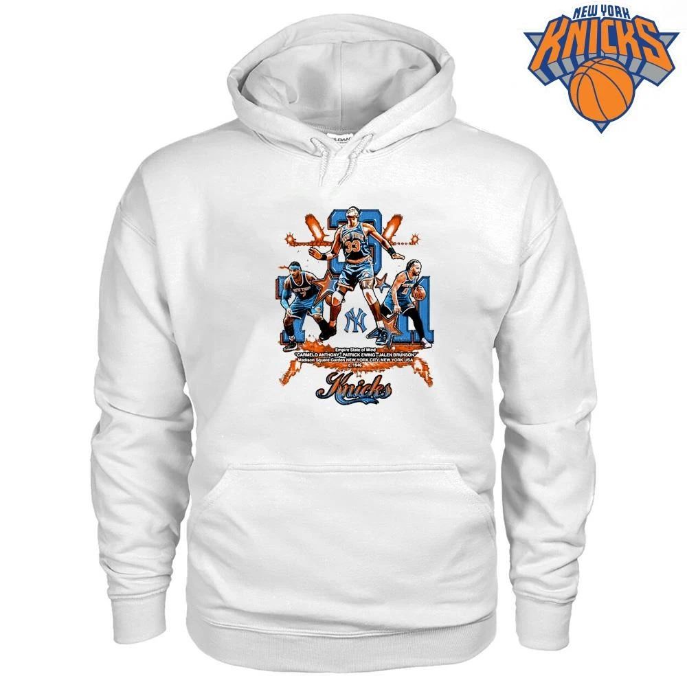 Carmelo Anthony Patrick Ewing and Jalen Brunson New York Knicks Legends Empire State of Mind 2026 NBA Finals Shirt