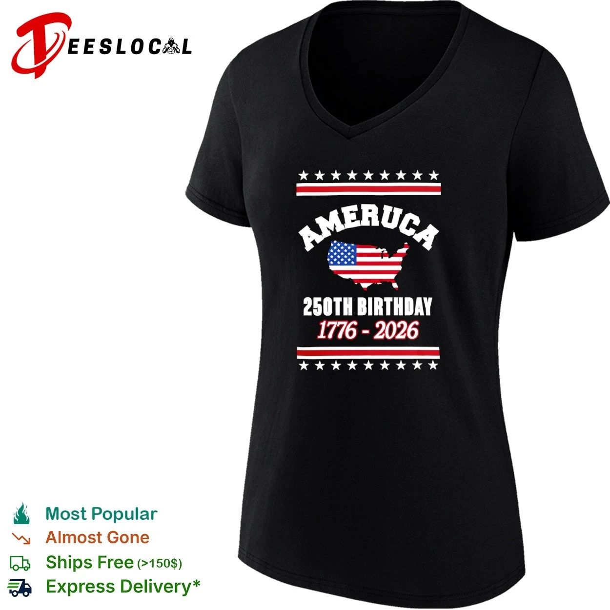 Ameruca 250th Birthday 1776-2026 US Map Flag T-shirt