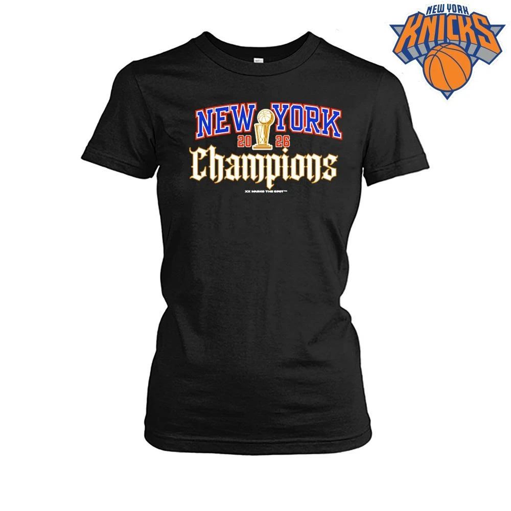 New York Knicks Champions NBA 2026 Classic Black Metallic Font Trophy Shirt