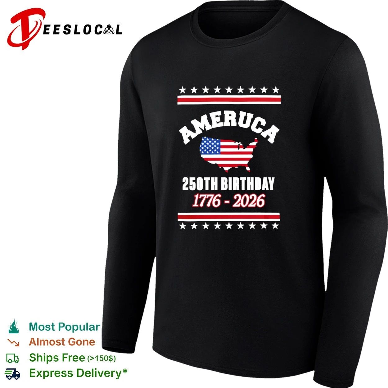 Ameruca 250th Birthday 1776-2026 US Map Flag T-shirt