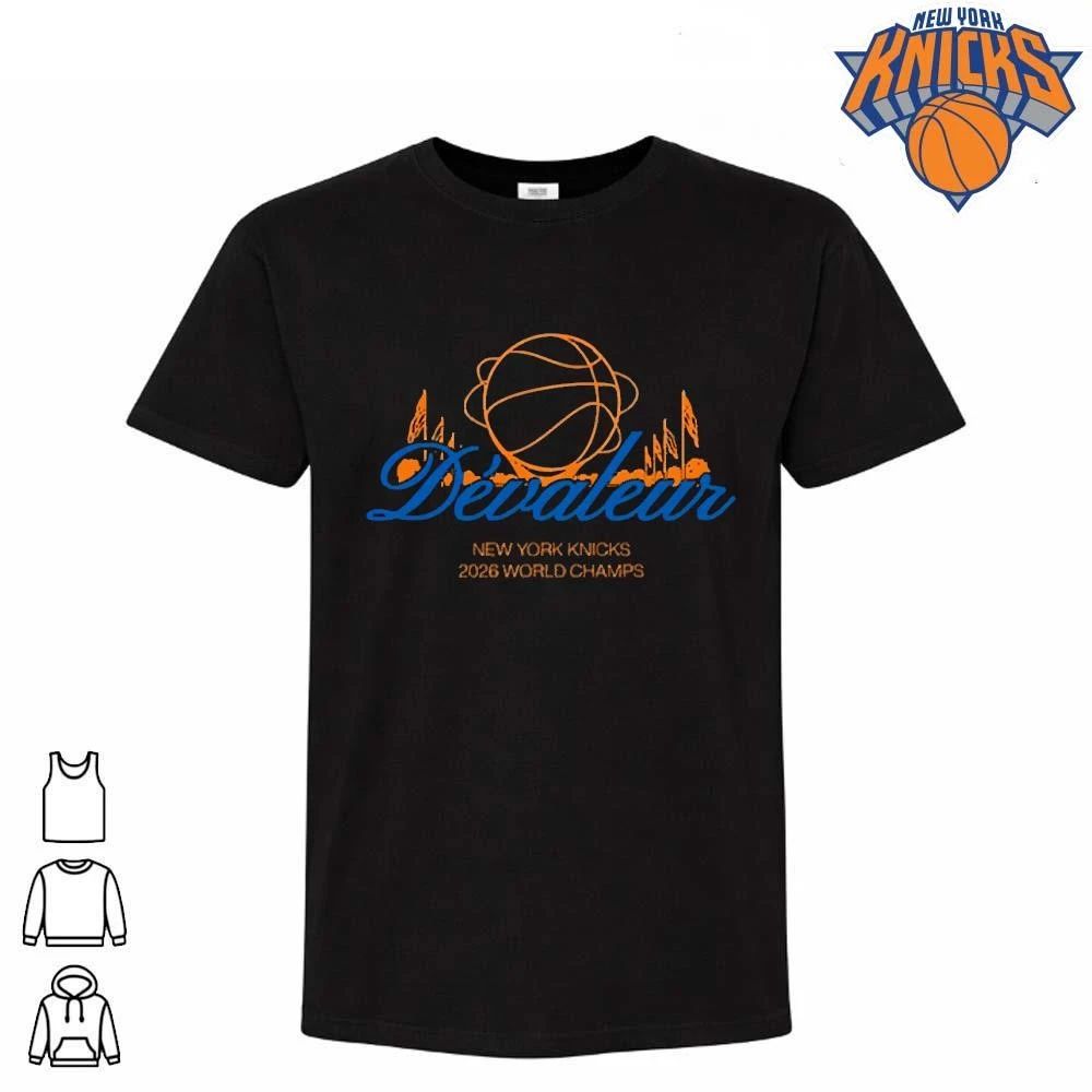 New York Knicks Champions NBA 2026 Devaleur Basketball Script Logo Black Shirt