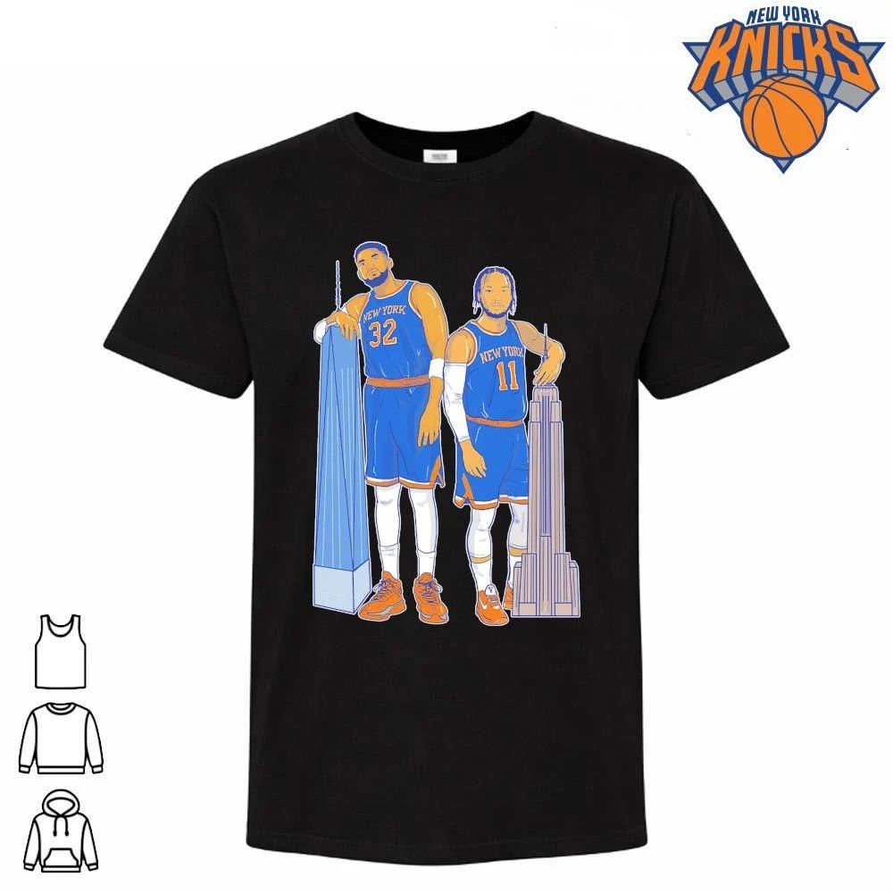 New York Knicks Karl Anthony Towns Jalen Brunson Empire State Building One World Trade Center Cartoon Art Black Graphic Shirt