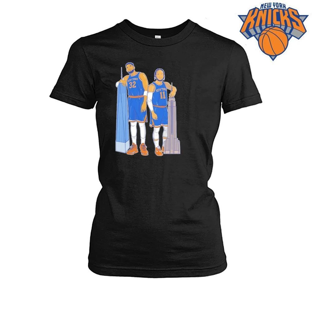 New York Knicks Karl Anthony Towns Jalen Brunson Empire State Building One World Trade Center Cartoon Art Black Graphic Shirt