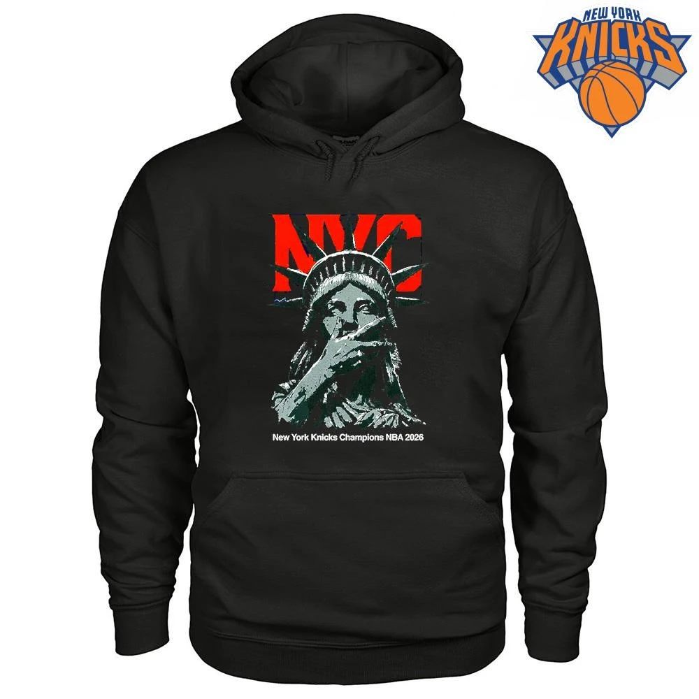 New York Knicks Champions NBA 2026 Statue of Liberty Three Finger Celebration NYC Graphic Shirt