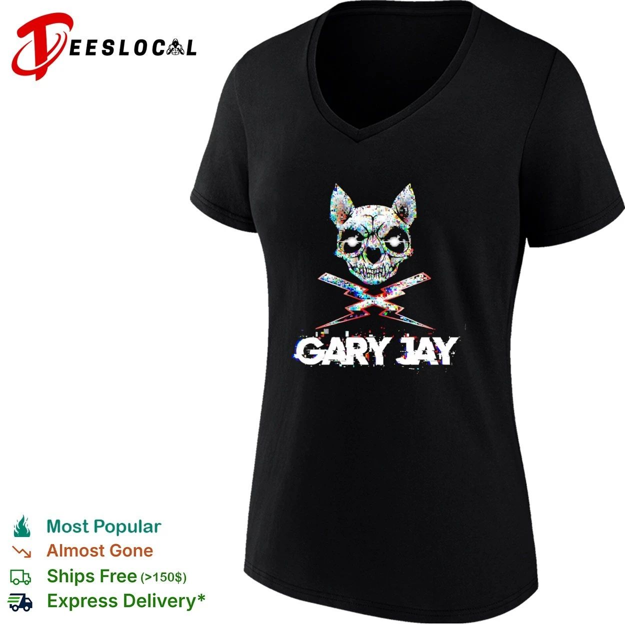 Gary Jay Glitch Skull Lightning Edgy T-shirt
