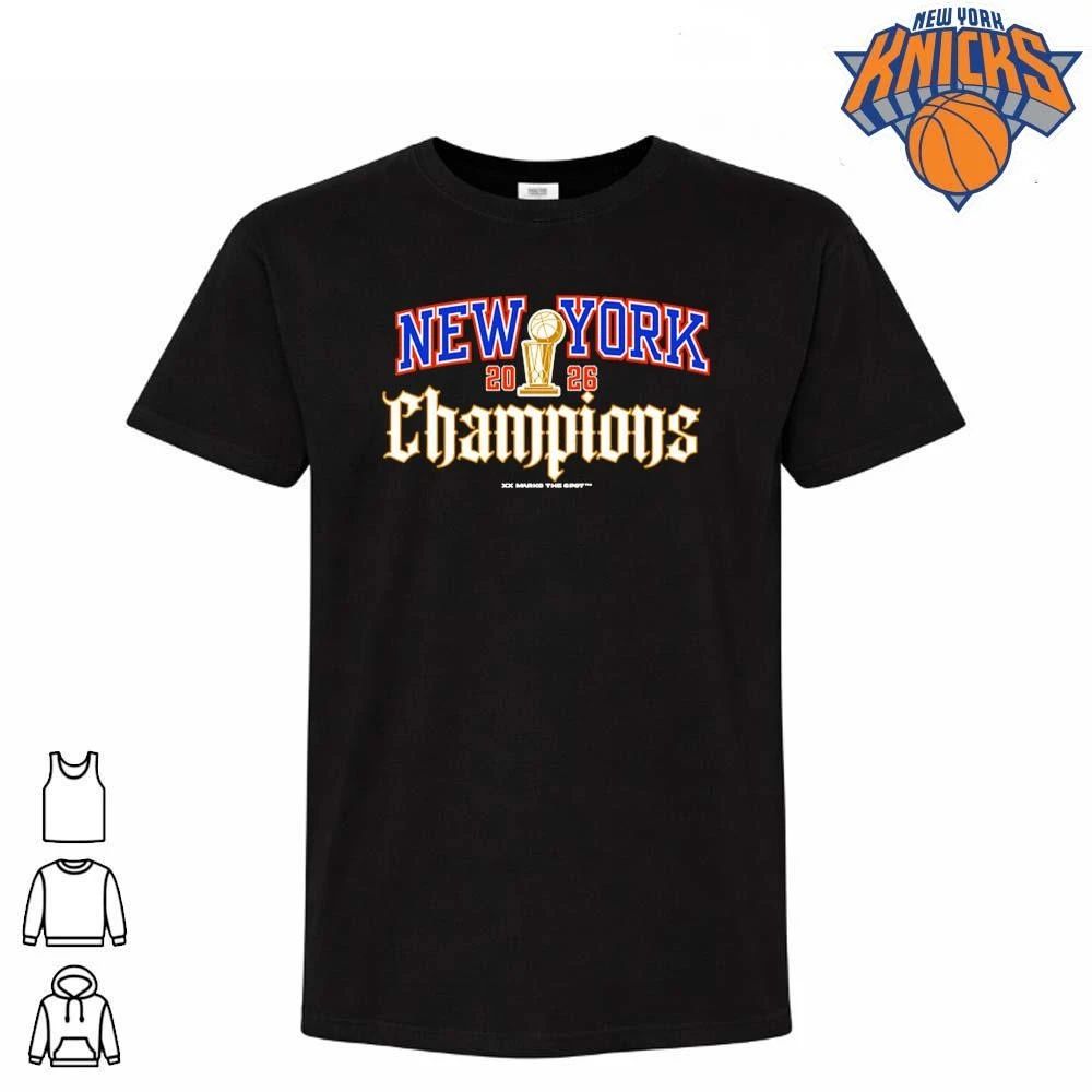 New York Knicks Champions NBA 2026 Classic Black Metallic Font Trophy Shirt