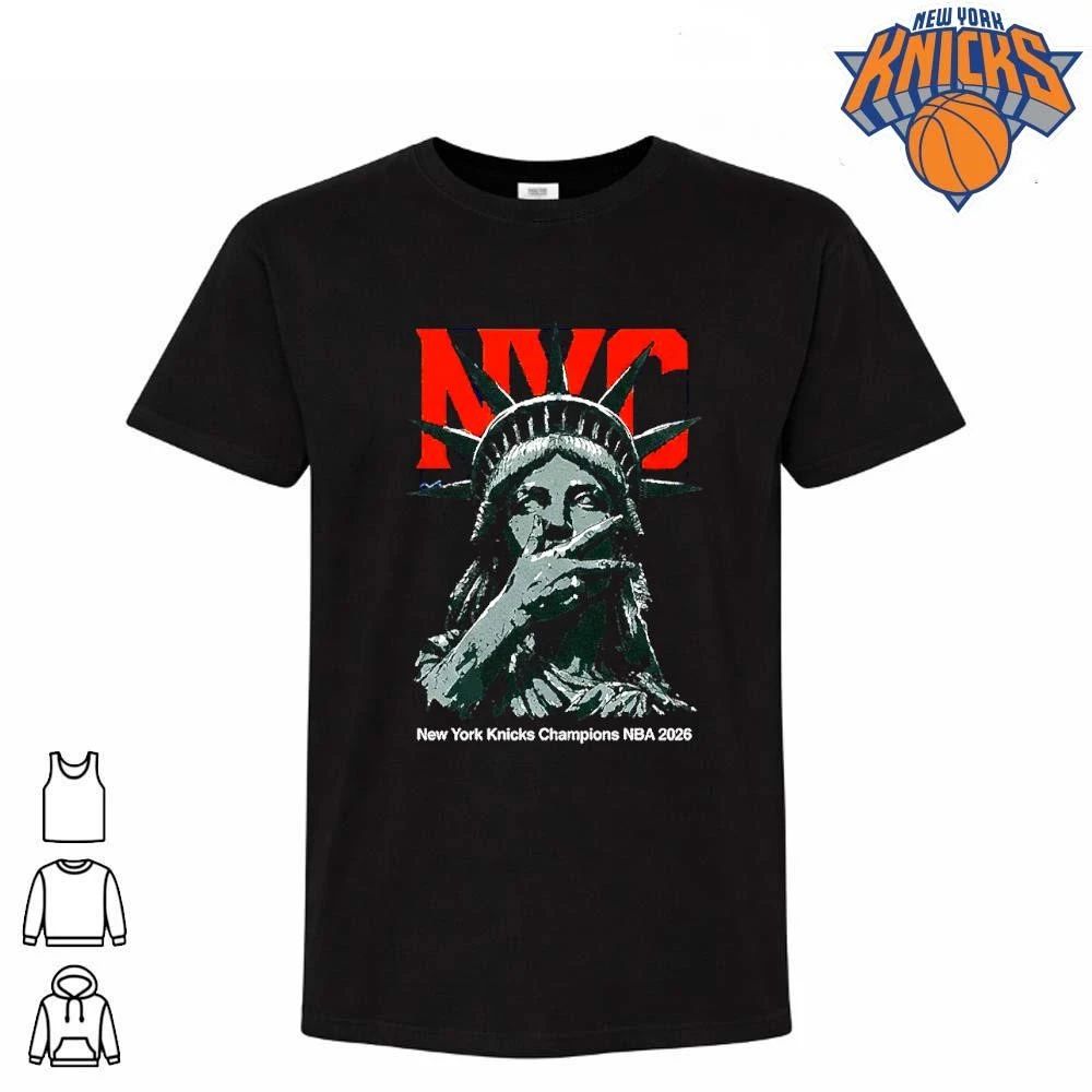 New York Knicks Champions NBA 2026 Statue of Liberty Three Finger Celebration NYC Graphic Shirt