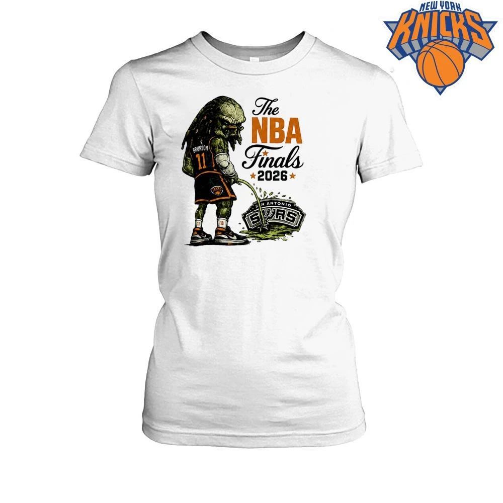Jalen Brunson New York Knicks Predator Peeing On San Antonio Spurs Logo Parody Funny Graphic NBA Finals 2026 Shirt