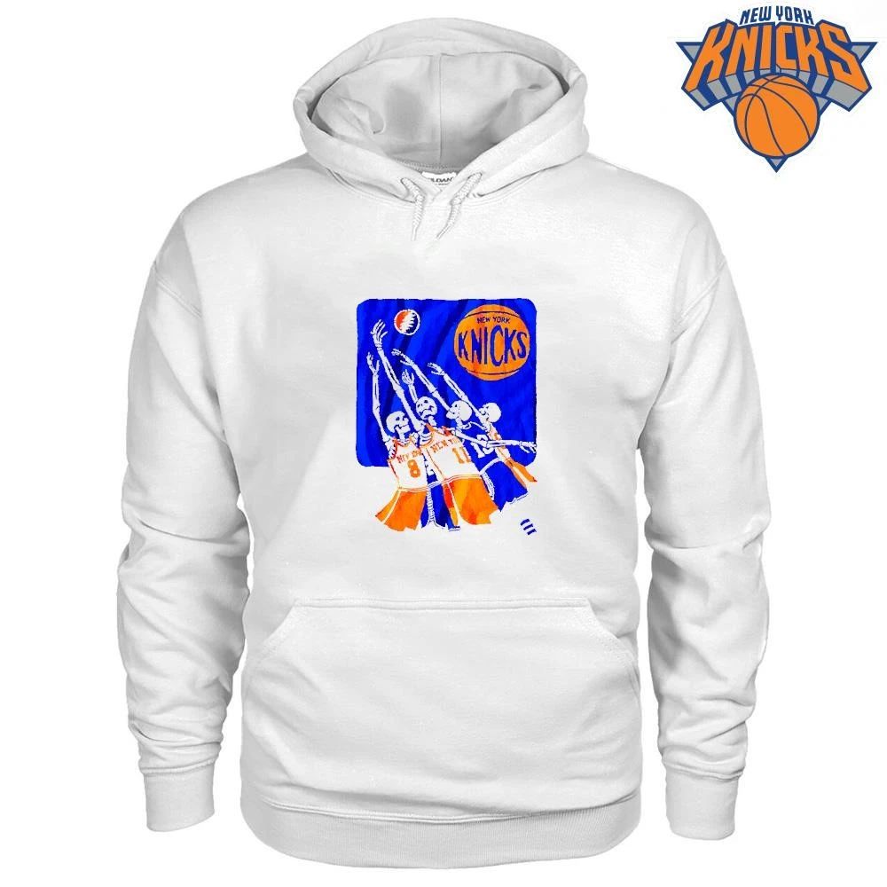 New York Knicks Champions NBA 2026 Grateful Dead Basketball Skeletons White Shirt