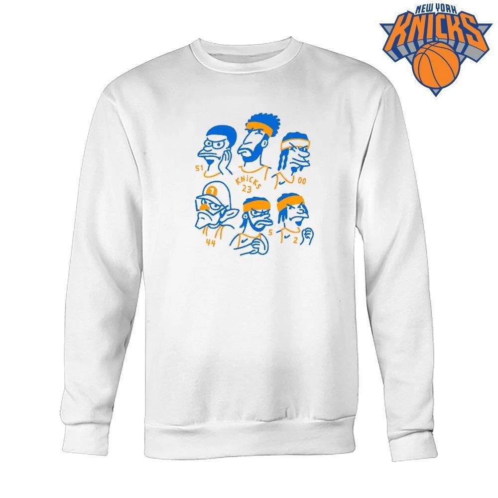 Vintage Cartoon New York Knicks Blue and Orange Roster Caricature Graphic NBA Champs Shirt