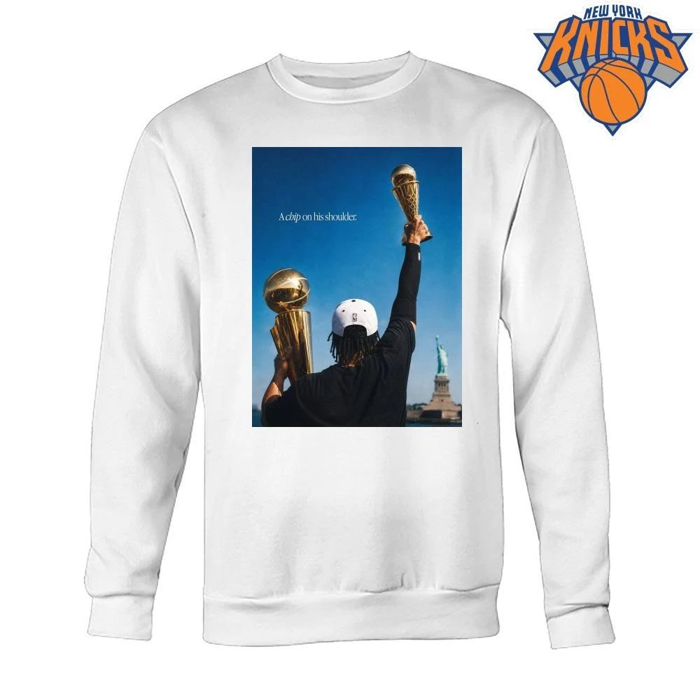 New York Knicks Champions NBA 2026 Jalen Brunson Statue of Liberty A Chip On His Shoulder Larry OBrien Trophy Shirt