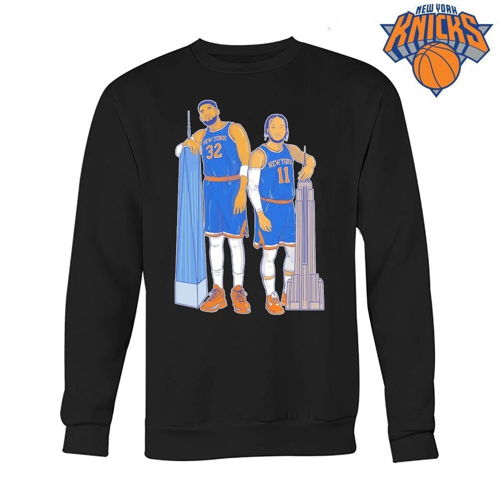 New York Knicks Karl Anthony Towns Jalen Brunson Empire State Building One World Trade Center Cartoon Art Black Graphic Shirt