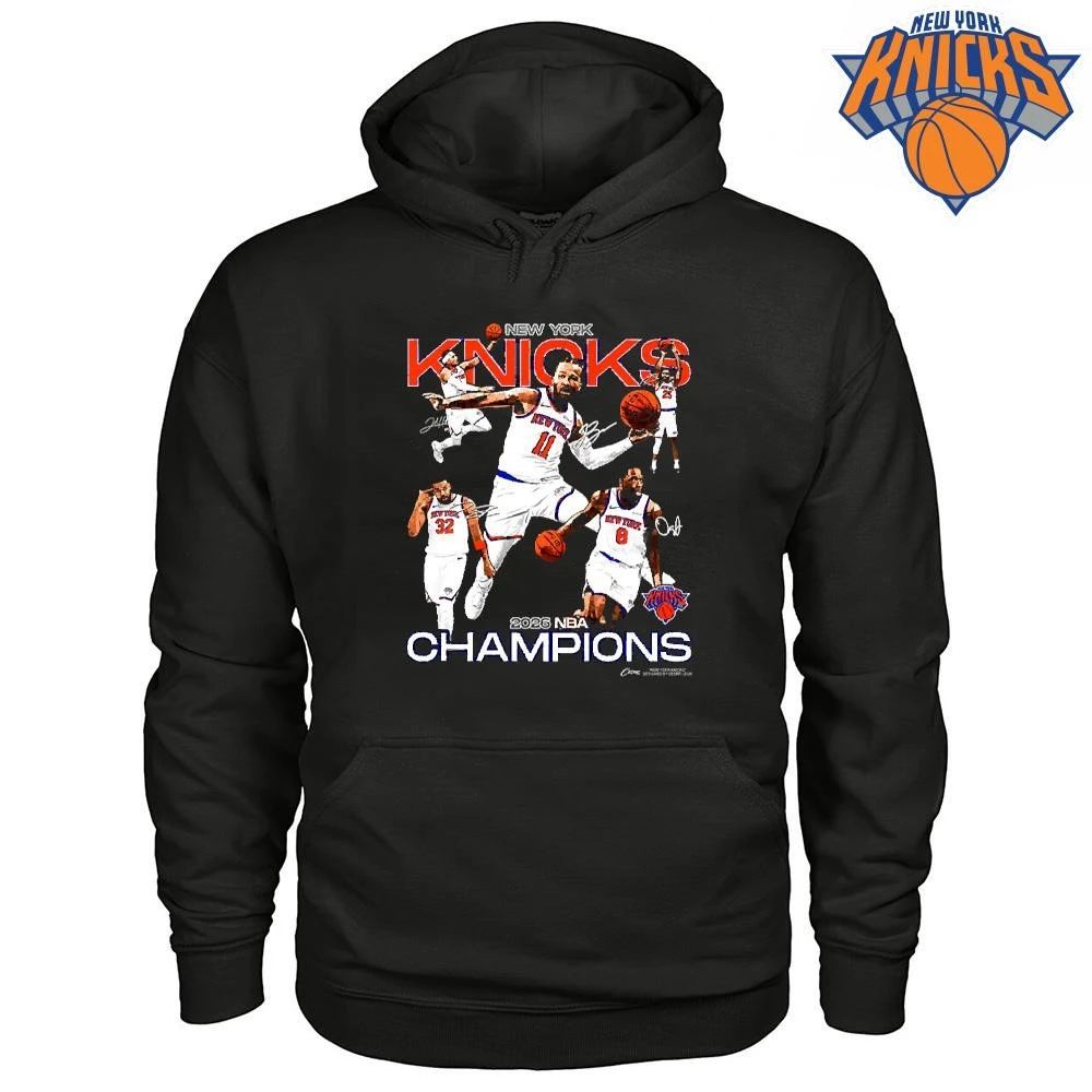 New York Knicks Champions NBA 2026 Retro Player Collage Graphic Black Shirt