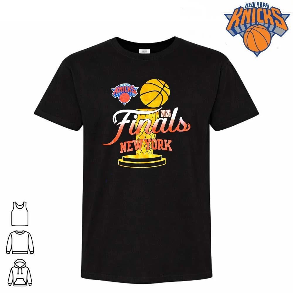 New York Knicks Basket Ball Net Trophy Logo Text Typography Graphic Design NBA Finals 2026 Shirt