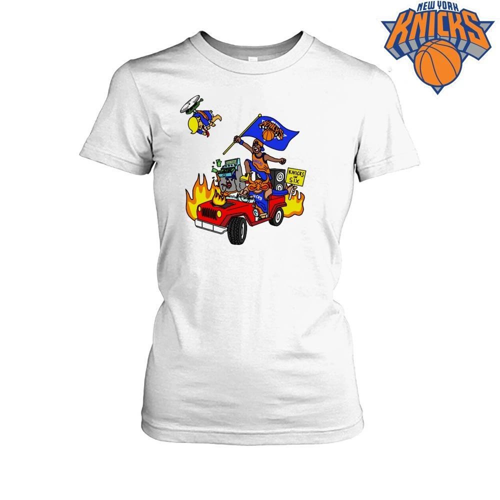 New York Knicks In Six Car Driving Fire Helicopter Cartoon Fan Graphic NBA Finals 2026 Shirt