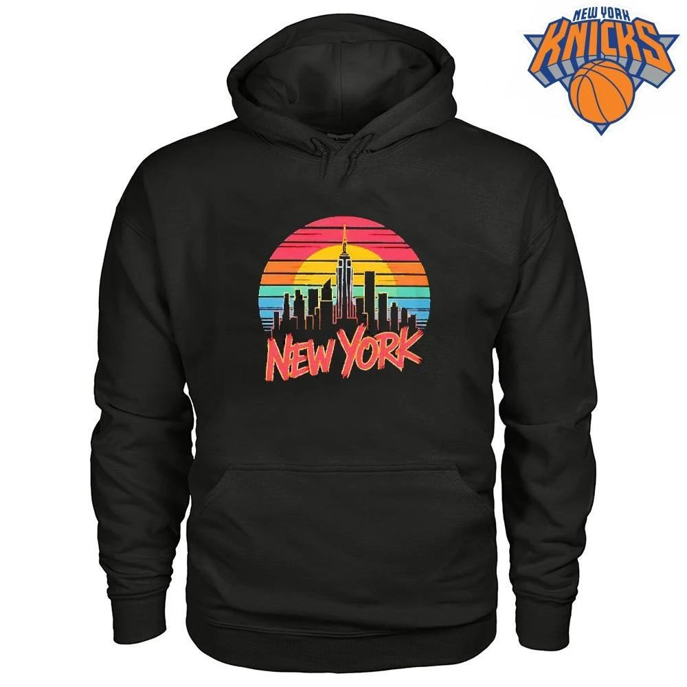 New York skyline city silhouette sunset retro color stripes lettering graphic T Shirt
