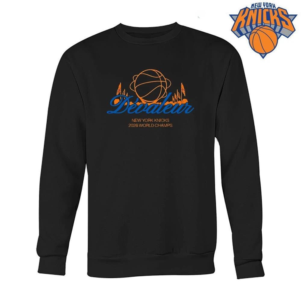 New York Knicks Champions NBA 2026 Devaleur Basketball Script Logo Black Shirt