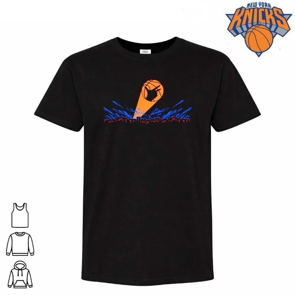 New York Knicks Jalen Brunson Three Point Hand Sign Celebration Bat Signal Skyline Logo NBA Finals 2026 Shirt