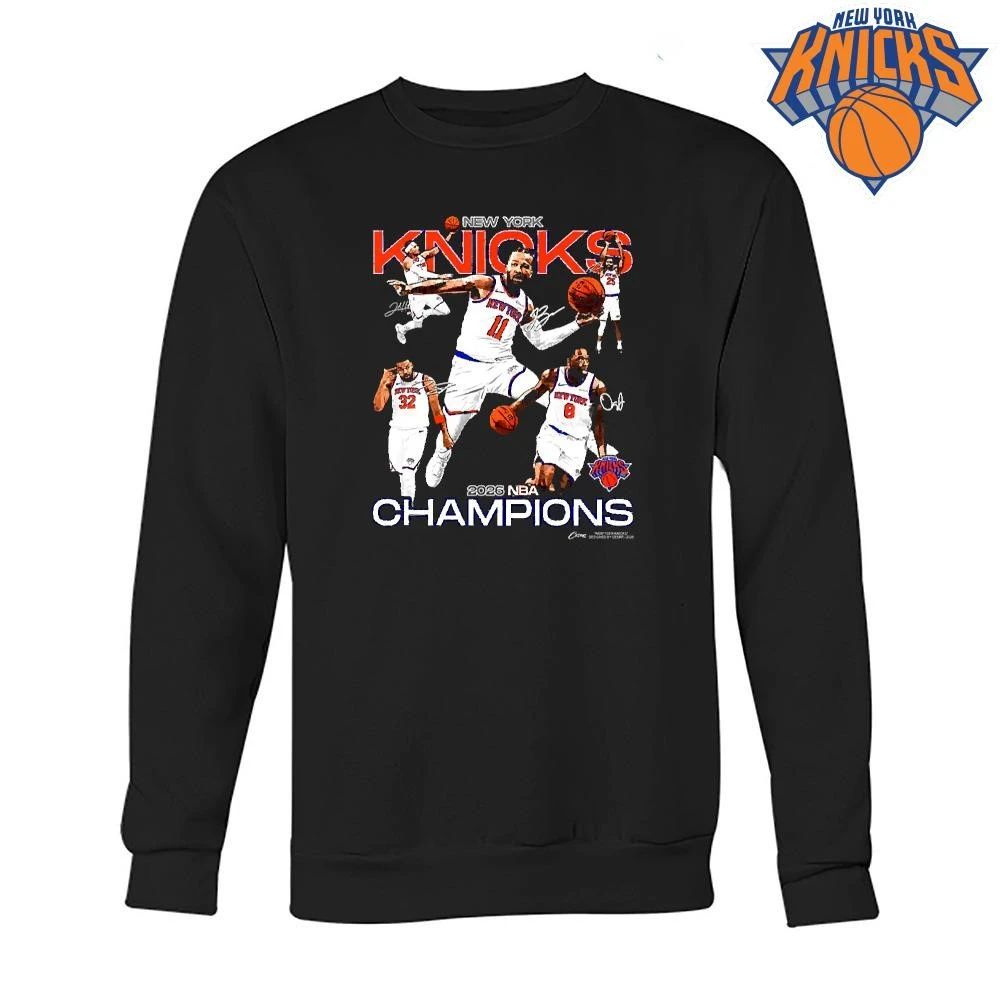 New York Knicks Champions NBA 2026 Retro Player Collage Graphic Black Shirt