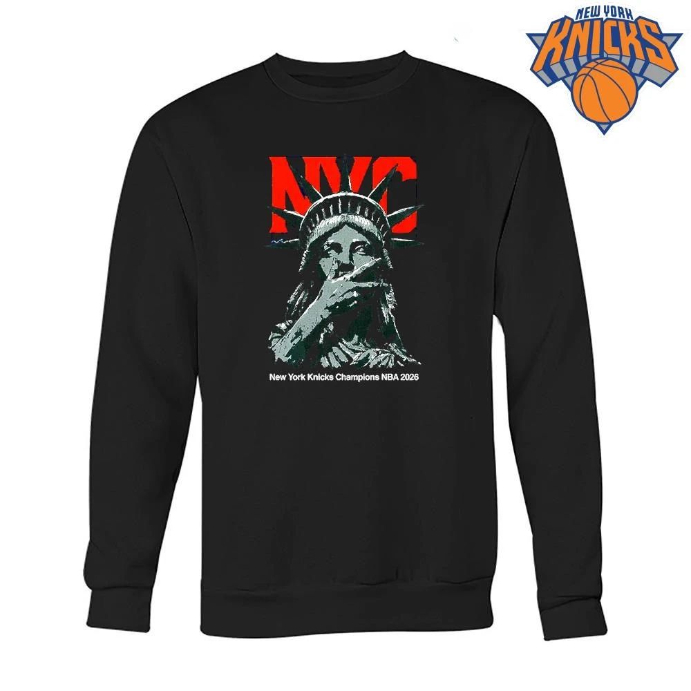 New York Knicks Champions NBA 2026 Statue of Liberty Three Finger Celebration NYC Graphic Shirt