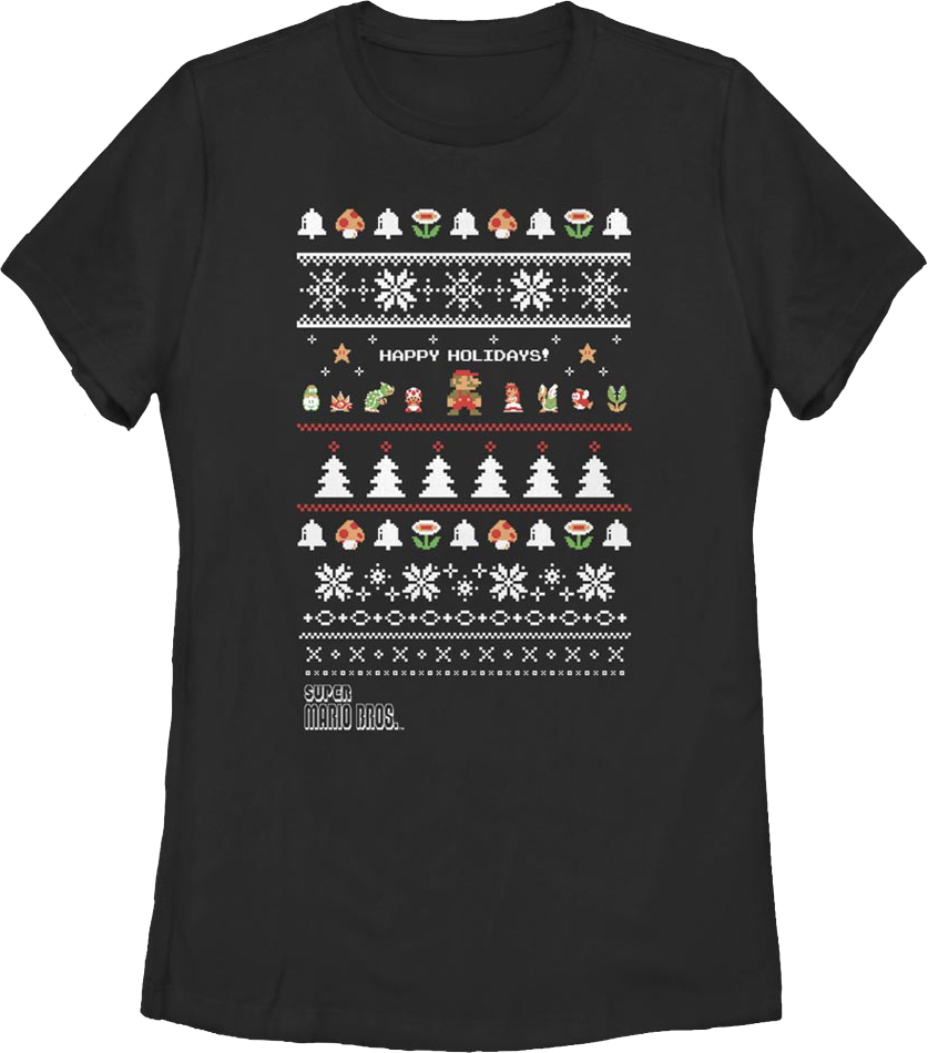 Womens Happy Holidays Faux Ugly Xmas Sweater Super Mario Bros. Shirt