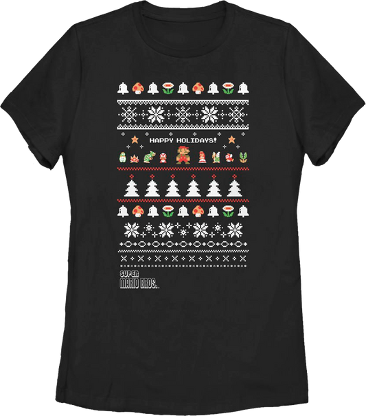 Womens Happy Holidays Faux Ugly Xmas Sweater Super Mario Bros. Shirt